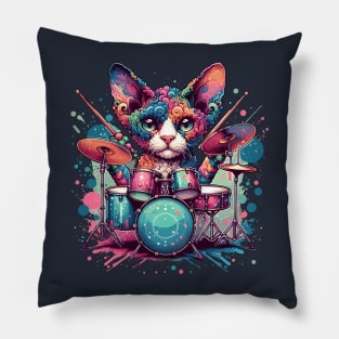 Devon Rex Cat Playing Drums Pillow