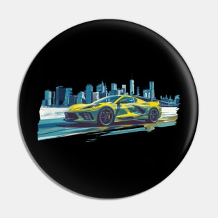 Yellow C8 Corvette Supercar Racecar New York Skyline Muscle Car sportscar Accelerate Yellow Corvette C8 Pin