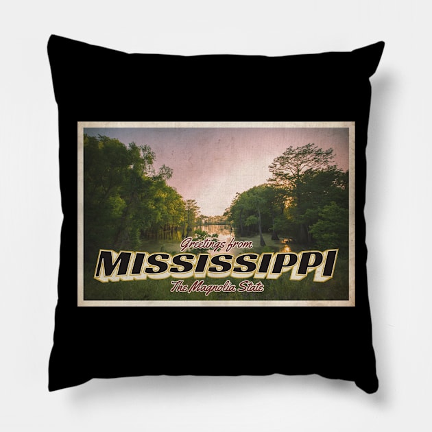 Greetings from Mississippi - Vintage Travel Postcard Design Pillow by fromthereco