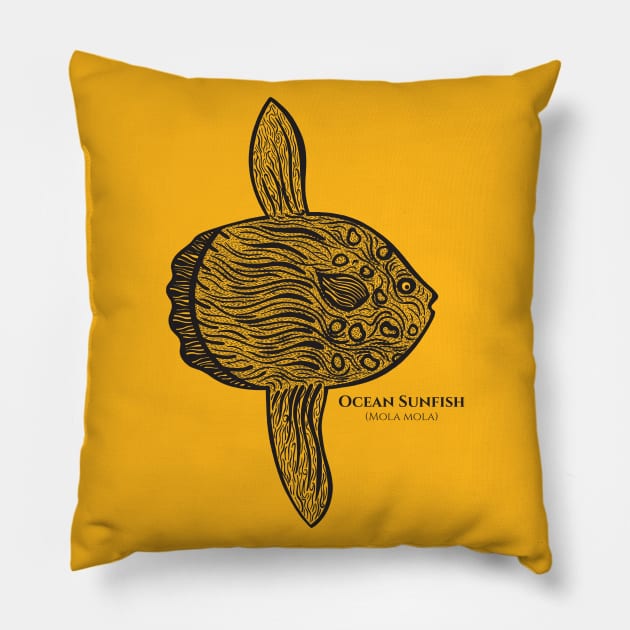 Ocean Sunfish with Common and Latin Names - hand drawn design Pillow by Green Paladin