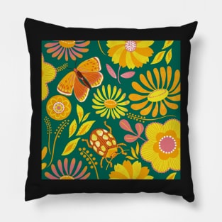 Golden summer florals on green Pillow