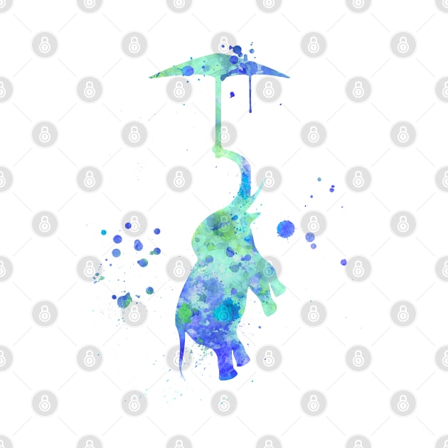 Blue Baby Elephant With Umbrella Watercolor Painting by Miao Miao Design