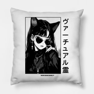 Stylish Anime Neko Girl Manga Aesthetic Streetwear Black and White #1 Pillow