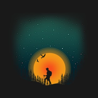 Vintage Hiking Landscape Of Night Sky With Fantasy Forest T-Shirt