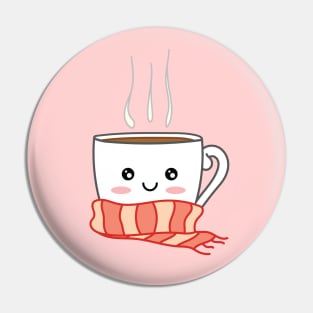 Cute smiling winter coffee with scarf Pin