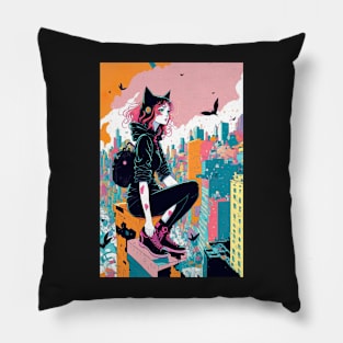 Cat lady in a black outfit - Japanese style Pillow