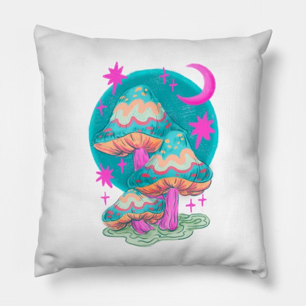 Trippy Mushroom and Moon Drawing Pillow by rosiemoonart