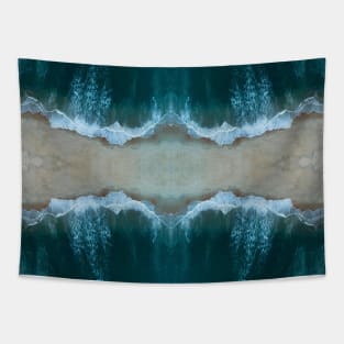 Blue Ocean Waves on the summer beach under palm tree Tapestry