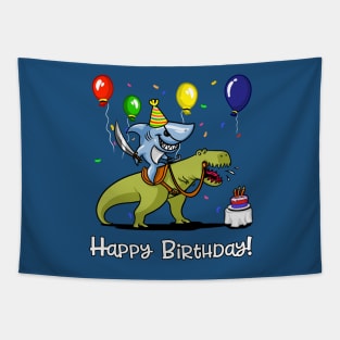 Birthday Shark Riding Dinosaur Tapestry