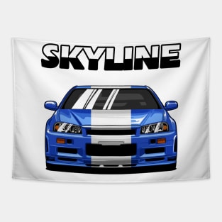 Nissan Skyline r34 GTR White Grey and Blue, JDM Car Tapestry