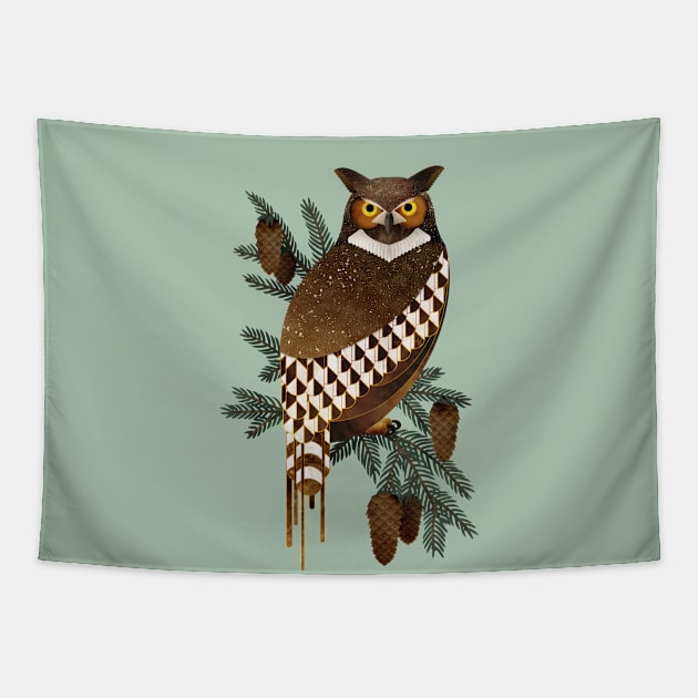 Horned Owl in the Pines Tapestry by littleclyde