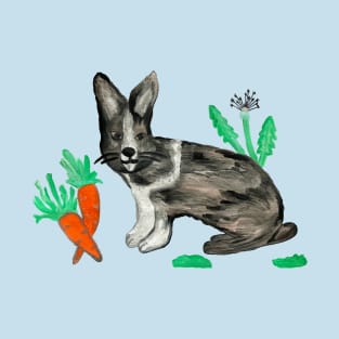 Rabbit with Carrots and Dandelions Blue Paintin T-Shirt