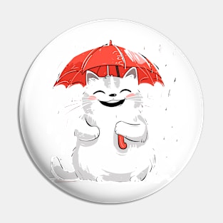 Smiling Cat Under Red Umbrella Cute Rainy Day Pin