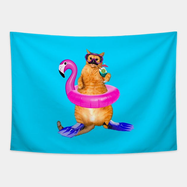 Swimming Pool Cat Tapestry by RawSunArt