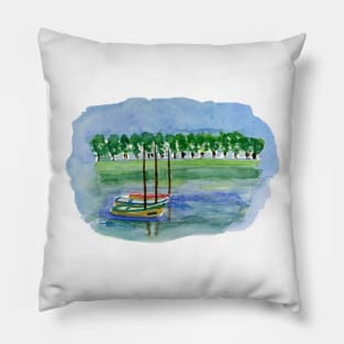 Canoes Watercolor Painting, Watercolor landscape canoes Pillow