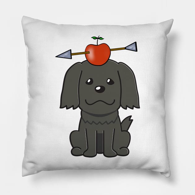 Funny sheepdog is playing william tell with an apple and arrow Pillow by Pet Station