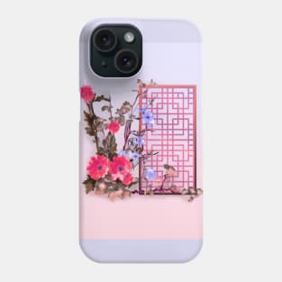 Pink sumiE watercolor flowers with a chinese lattice Phone Case