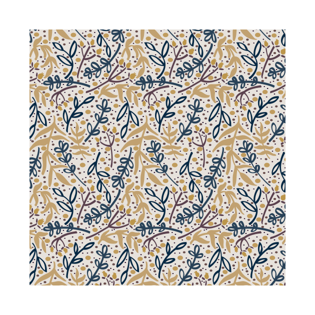 Botanicals and Dots - Hand Drawn Design - Navy Blue, Yellow, Brown, and Cream White by GenAumonier