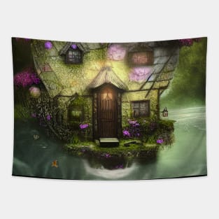 Sparkling Fantasy Cottage with Lights and Glitter Background in Forest, Scenery Nature Tapestry