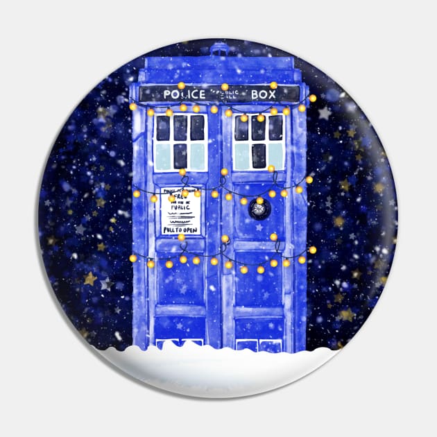 Blue Police Box With Christmas Lights Snow and Stars Pin by OrionLodubyal