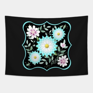 BEAUTIFUL FLORAL PATTERN DUVET COVER | MOTHERS DAY GIFT IDEAS | WHITE AND BLUE FLOWERS PINK FLOWERS GREEN LEAVES BLACK BACKGROUND Tapestry
