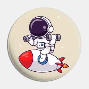 Cute Astronaut Lifting Dumbbell On Rocket Cartoon Pin