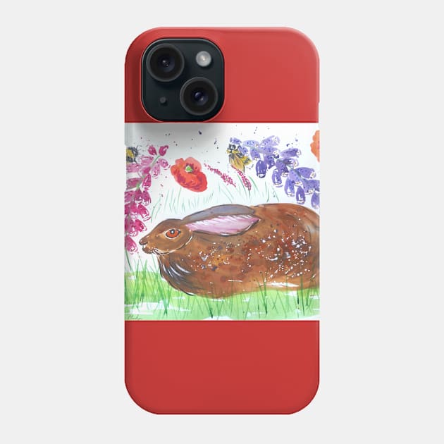 Hare reposing among Flowers and Bumble bees Phone Case by Casimirasquirkyart