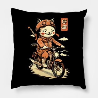 Japanese Samurai Cat on Motorcycle Kawaii Ninja Cat Pillow