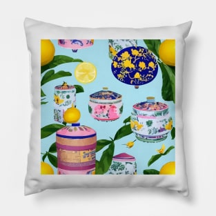 Porcelain and lemons on turquoise Pillow