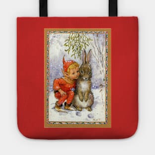 Elf and Rabbit Under Mistletoe Christmas - Margaret Tarrant Tote