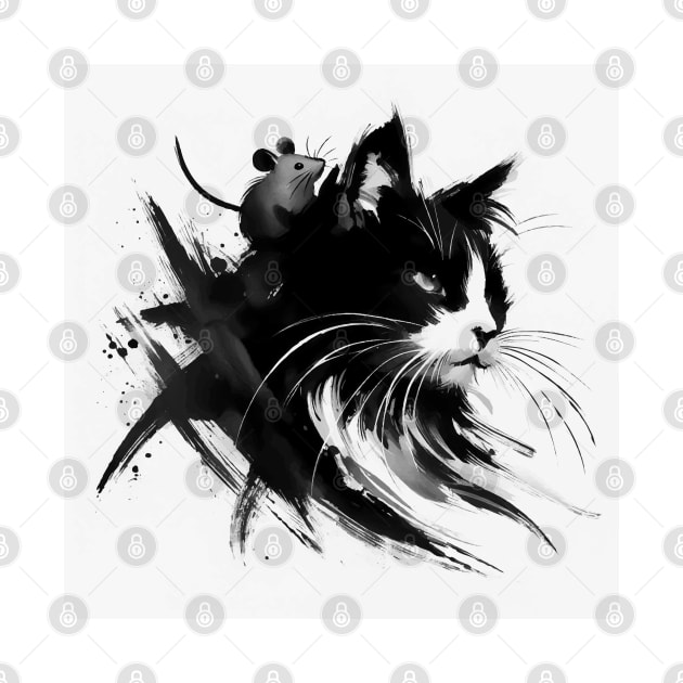 Sumie Japanese Brushstroke Cat And Mouse Portrait by TomFrontierArt