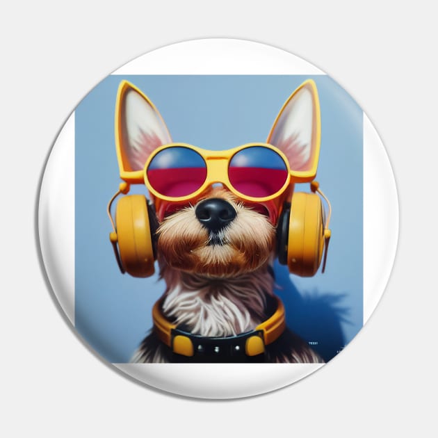 Yorkie Terrier Wearing Yellow Glasses and Headphones Pin by Studiowatermars