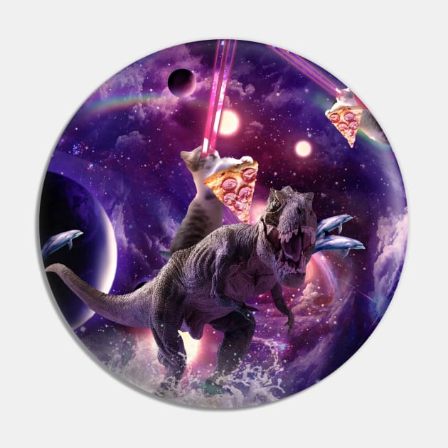 Rainbow Laser Space Cat On Dinosaur Eating Pizza Pin by Random Galaxy