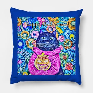 Happy Halloween Floral Black Cat Pillow