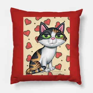 Beautiful Calico Kitty with Red Hearts Pillow