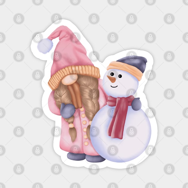 Cute Gnome Girl And Snowman Magnet by Kisby