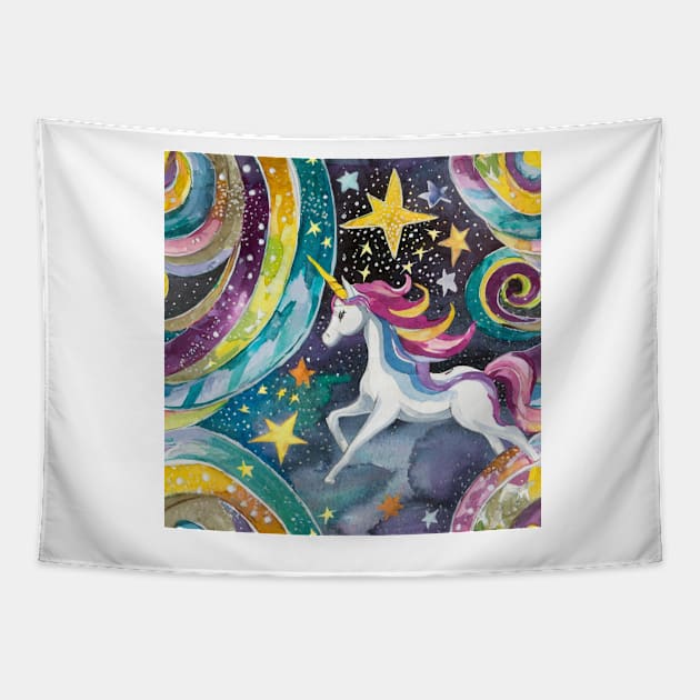 starry night with galaxy and stars and unicorn Tapestry by mooonthemoon