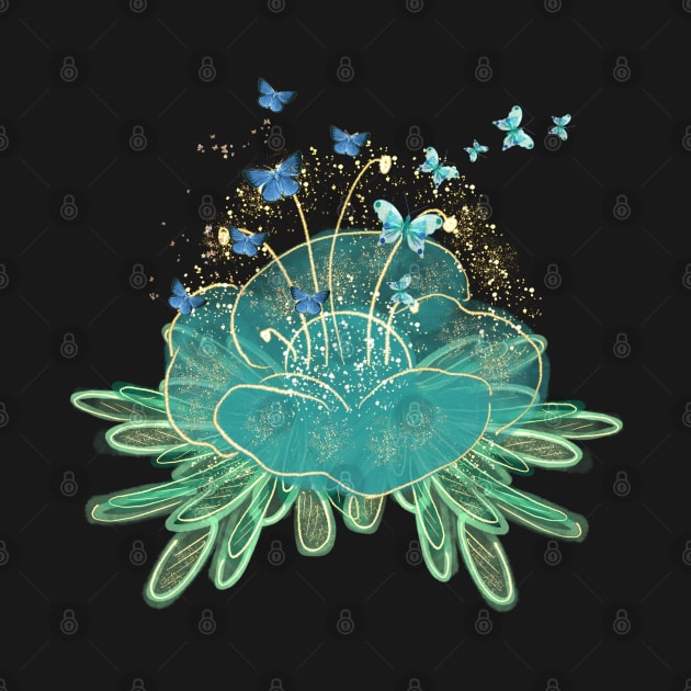 Beautiful Teal Blue Flower and Butterflies Aesthetic by BellaPixel