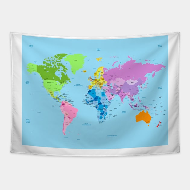 Bright World map listing capital cities Tapestry by EverlastingJourneys