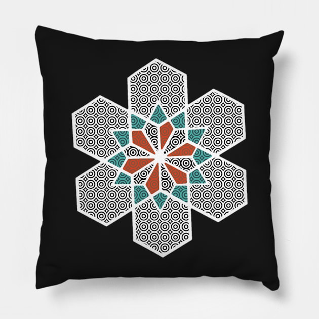 SNOWFLAKE GEOMETRIC DESIGN IN RED ORANGE, BLUE GREEN, and BLACK & WHITE STAR Pillow by VegShop