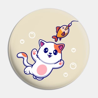 Cute Cat Catching Fish Cartoon Pin