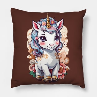 Cute Unicorn with Flowers and Swirls Pillow