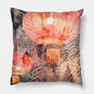 Red Japanese Lanterns Night Street Lights Lamps Collage Art 66 Pillow