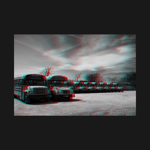 Anaglyph image of School buses waiting in a parking lot in Brooklyn, New York City by Reinvention