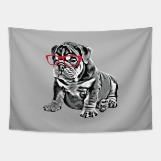 Bulldog Puppy Nerd Red Glasses Tapestry