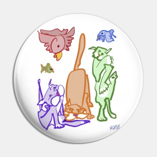 The Disposition of Cats, three cartoon kitties, two expressive  birds, and a fish Pin