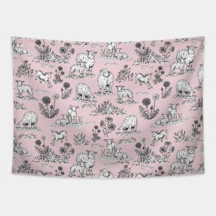 Sheep and Lambs on a Pasture Toile de Jouy (Pale Pink) Tapestry