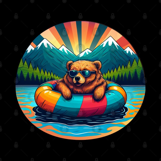 Grizzly Bear in Sunglasses Floating on a Lake with Mountains and Trees by Pine Hill Goods