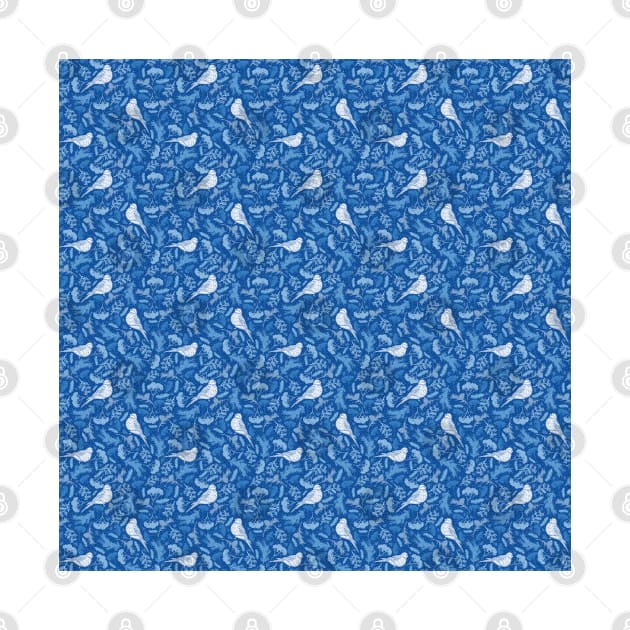 Bright Blue and Winter White Floral Pattern With Birds by FabulouslyFestive