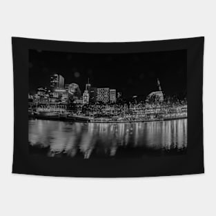 City at night, buildings, lights and corporate brands neon signs across Yarra River in monochrome Tapestry